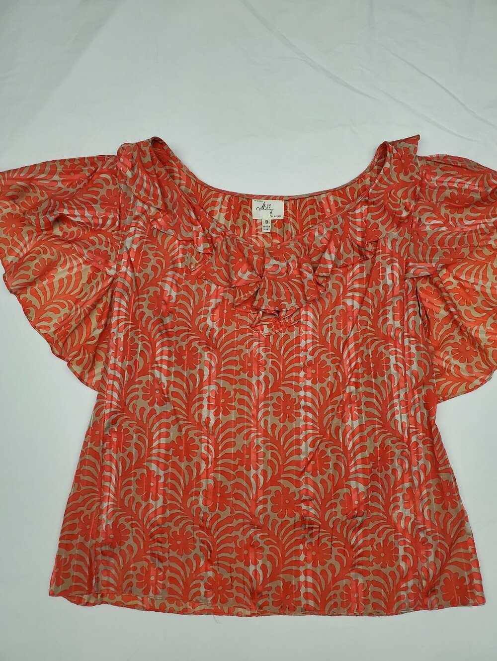 Milly of New York Cotton Silk Ruffle Top Size 10 Orange Coral Floral Print USA